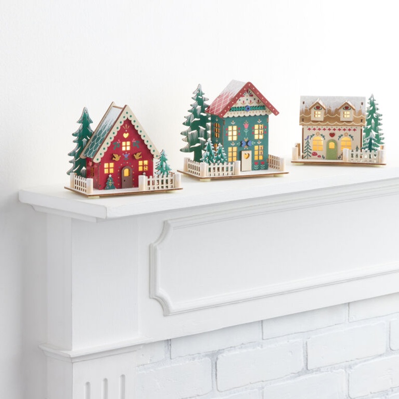 Laser Cut Wood Folk Cottage LED Light Up Decor Set Of 3